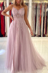 Shimmers Pink Spaghettistraps Sleeveless Column Tulle Floor-Length Prom Dresses with Beadings