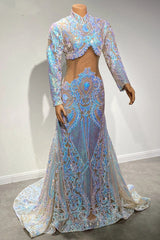 Shimmers Two Piece High-neck Long Sleeve Floor-length A-Line Prom Dresses