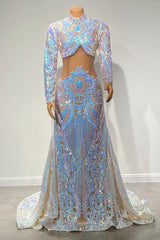 Shimmers Two Piece High-neck Long Sleeve Floor-length A-Line Prom Dresses