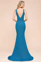 Shinning Blue Mermaid Long Prom Dress | V-Neck Sleeveless Long Evening Gowns