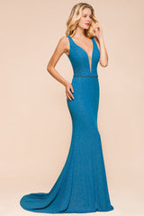 Shinning Blue Mermaid Long Prom Dress | V-Neck Sleeveless Long Evening Gowns