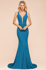 Shinning Blue Mermaid Long Prom Dress | V-Neck Sleeveless Long Evening Gowns