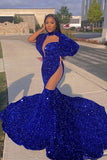 Shinning Royal Blue High-neck Long Sleeve Lace Floor-length Mermaid Prom Dresses