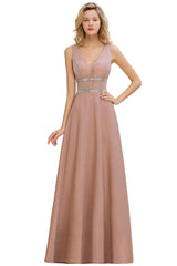 Shinning V-Neck Sleeveless Long Prom Dress With Zipper Back