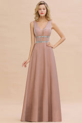 Shinning V-Neck Sleeveless Long Prom Dress With Zipper Back