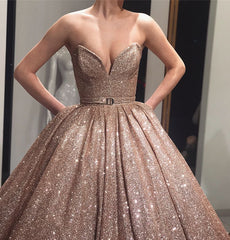 Shiny Ball Gown Floor-Length Sleeveless Prom Dresses | Sweetheart Sequins Evening Gown With Bow