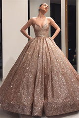 Shiny Ball Gown Floor-Length Sleeveless Prom Dresses | Sweetheart Sequins Evening Gown With Bow