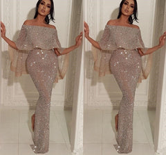 Shiny Off-the-shoulder Long Mermaid Sequins Prom Dresses