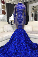 Shiny Sequins Blue Flowers Mermaid Prom Dresses | Appliques High Neck Long Sleeve Evening Gowns