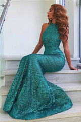 Shiny Turquoise Sequinned Beads Prom Dress | Long Sleeve Mermaid Sexy Evening Dress