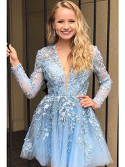 Short A-Line Lace Applique V-neck Long Sleeves Prom Dresses