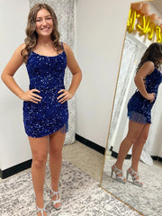 Short Spaghetti Straps Sleeveless Sequined Prom Dresses