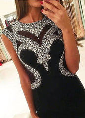 Side Slit Crystal Sheath Black Sleeveless Evening Gown Glamorous Prom Dress