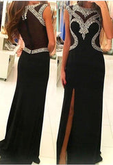 Side Slit Crystal Sheath Black Sleeveless Evening Gown Glamorous Prom Dress