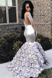 Silver Flowers Sexy See Through Prom Dresses | Long Sleeve Beads Lace Mermaid Graduation Dress FB0371