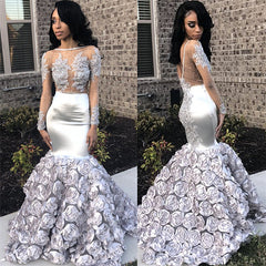 Silver Flowers Sexy See Through Prom Dresses | Long Sleeve Beads Lace Mermaid Graduation Dress FB0371