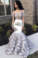 Silver Flowers Sexy See Through Prom Dresses | Long Sleeve Beads Lace Mermaid Graduation Dress FB0371