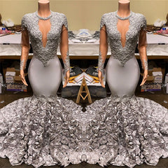 Silver Mermaid Flowers Prom Dresses | Sexy Lace Appliques Real Prom Dress on Mannequins