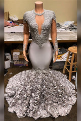 Silver Mermaid Flowers Prom Dresses | Sexy Lace Appliques Real Prom Dress on Mannequins