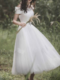 Simple A-Line Wedding Dresses Off Shoulder Ankle Length Satin Tulle Short Sleeve Elegant Bridal Gowns On Sale