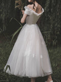 Simple A-Line Wedding Dresses Off Shoulder Ankle Length Satin Tulle Short Sleeve Elegant Bridal Gowns On Sale