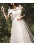 Simple A-Line Wedding Dresses Off Shoulder Ankle Length Satin Tulle Short Sleeve Elegant Bridal Gowns On Sale