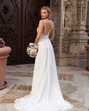 Simple Chiffon V Neck White Split Wedding Dresses With Lace Appliques