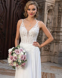 Simple Chiffon V Neck White Split Wedding Dresses With Lace Appliques