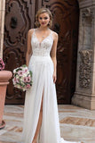 Simple Chiffon V Neck White Split Wedding Dresses With Lace Appliques