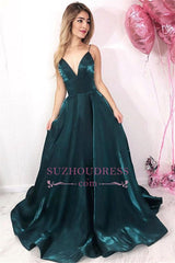 Simple Dark Green Sleeveless A-Line Prom Dresses | Spaghetti Straps Sweep Train Evening Gown