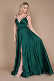 Simple Green Spaghetti Straps Sleeveless Column Satin Prom Dresses with Ruffles