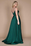 Simple Green Spaghetti Straps Sleeveless Column Satin Prom Dresses with Ruffles