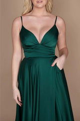 Simple Green Spaghetti Straps Sleeveless Column Satin Prom Dresses with Ruffles