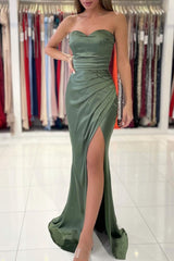 Simple Green Strapless Sleeveless Mermaid Elastic Woven Satin Floor-Length Prom Dresses