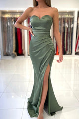 Simple Green Strapless Sleeveless Mermaid Elastic Woven Satin Floor-Length Prom Dresses