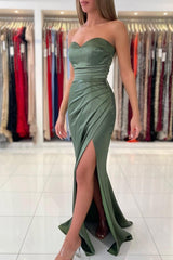 Simple Green Strapless Sleeveless Mermaid Elastic Woven Satin Floor-Length Prom Dresses