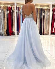 Simple Lighter Blue Backless Spaghetti Straps Long Prom Dresses