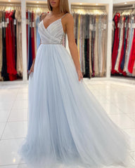 Simple Lighter Blue Backless Spaghetti Straps Long Prom Dresses