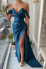 Simple Long Blue Off-the-shoulder Prom Dress With Slit