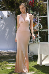 Simple Pink Halter Sleeveless Mermaid Floor-Length Satin Prom Dresses