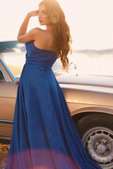 Simple Royal Blue Long A-line Sleeveless Prom Dresses With Slit