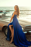 Simple Royal Blue Long A-line Sleeveless Prom Dresses With Slit