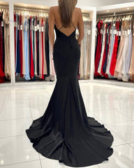 Simple Spaghetti Straps Black V-neck Backless Long Prom Dresses