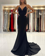 Simple Spaghetti Straps Black V-neck Backless Long Prom Dresses