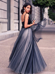 Simple V-Neck Floor Length Prom Dress A-Line Tulle Bowknot Formal Occasion Dresses