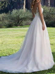 Simple V Neck Tulle Ivory Sleeveless Lace A-Line Wedding Dresses