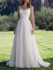 Simple V Neck Tulle Ivory Sleeveless Lace A-Line Wedding Dresses