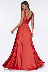 Simple V-neck Long Evening Dresses With Side Slit