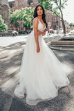 Simple V neckline A-line Wedding dresses With Lace