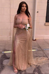 Site-slit Long-sleeve Gold Off-the-shoulder Sheath Sequin Prom Dresses